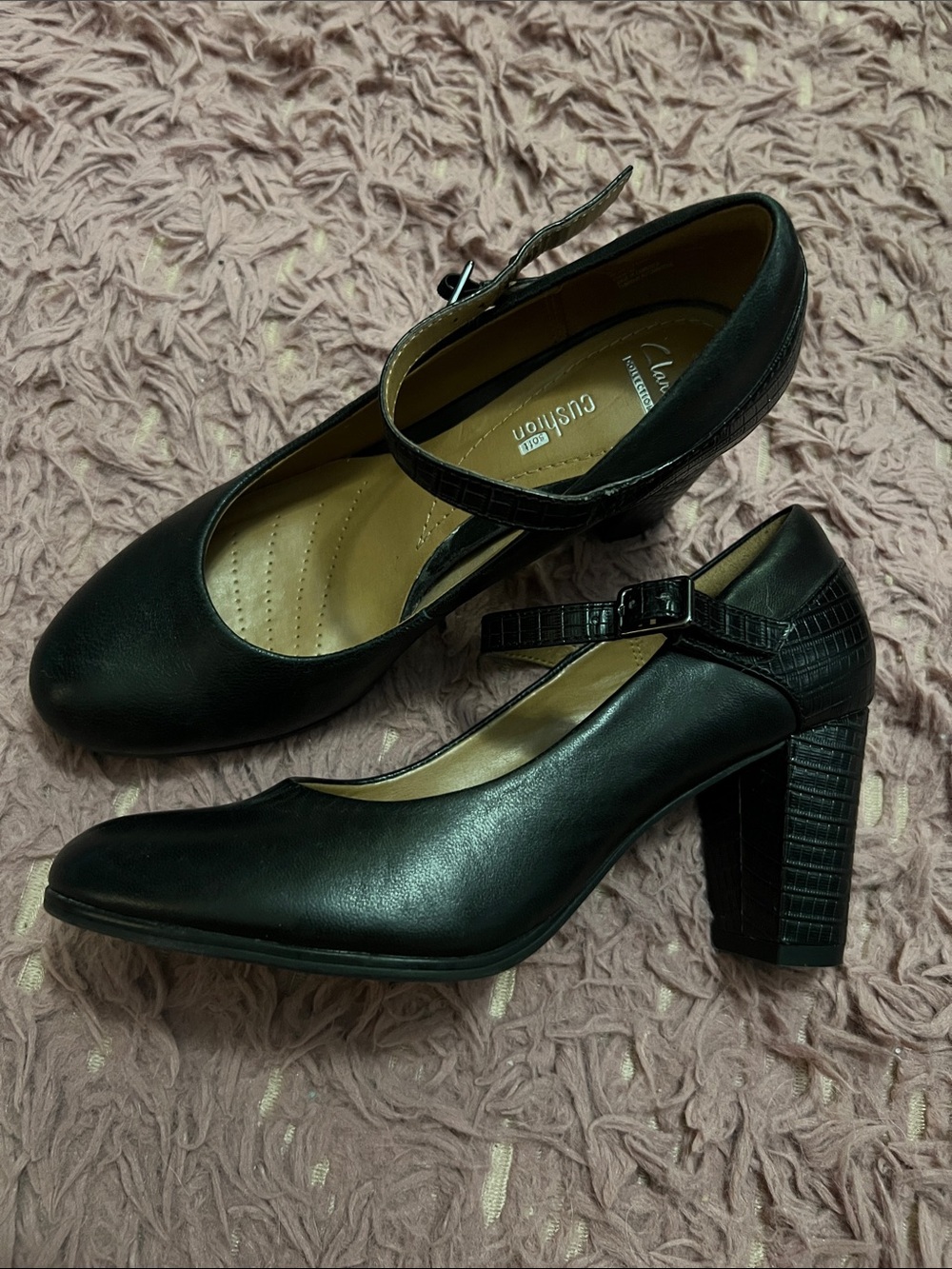 Clarks Black Mary Jane Block Heel Pumps